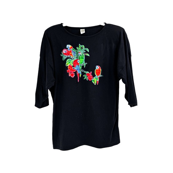 The Unbranded Brand Tops - Vintage 90s Parrot Embroidered Applique Shirt Women's Small Black Artsy USA Made